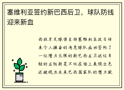 塞维利亚签约新巴西后卫，球队防线迎来新血